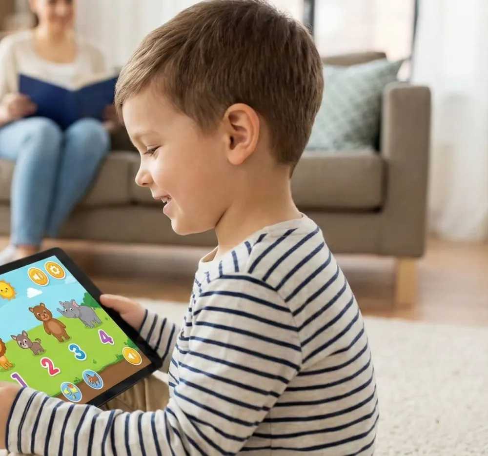 Un bambino gioca a un gioco di Happy English Kids sul tablet