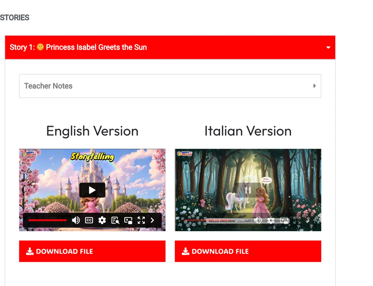 Le note per l’insegnante di una storia, con la versione inglese e quella italiana
